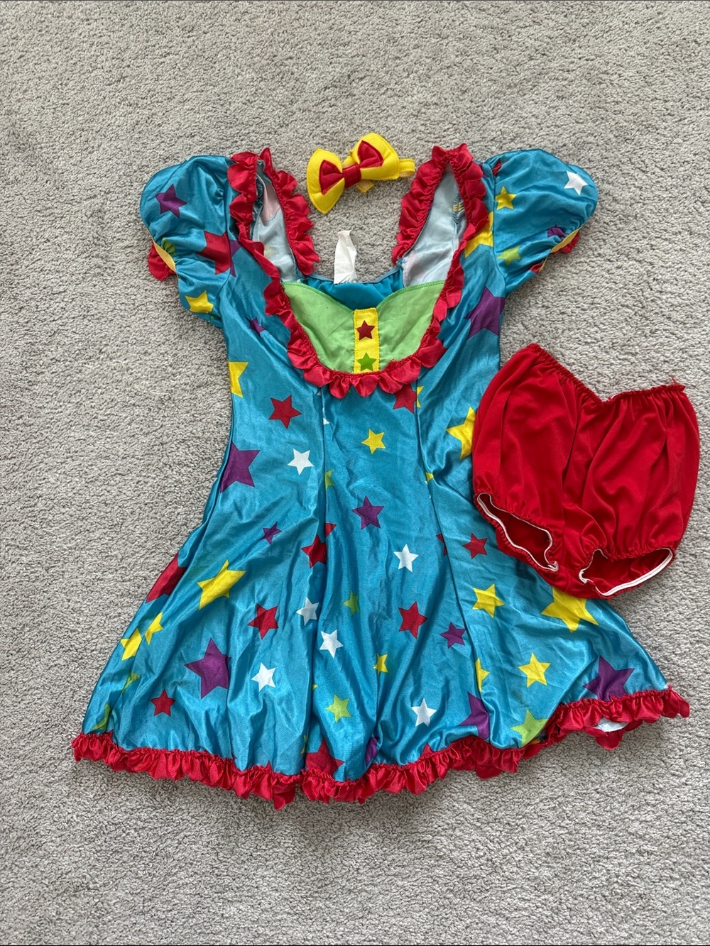 Women Star Print Clown Dress Costume with Red Bloomers and Yellow Bow